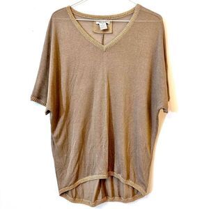Mona Leah Womens Oversized Blouse High Low V Neck Shimmering Gold Small